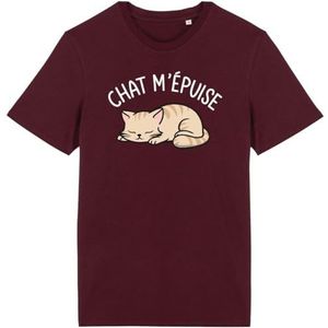 Cat m'épuise T-shirt - voor heren - bedrukt in Frankrijk - 100% biologisch katoen - cadeau voor verjaardagsdieren, origineel grappig, Bordeaux, S