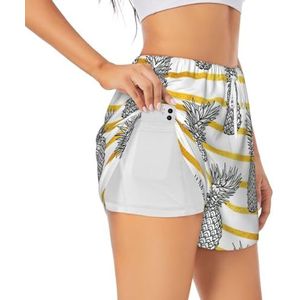 Ananasprint dames hoge taille atletische workout shorts tweelaagse gym shorts casual comfortabele sport shorts, Wit, S