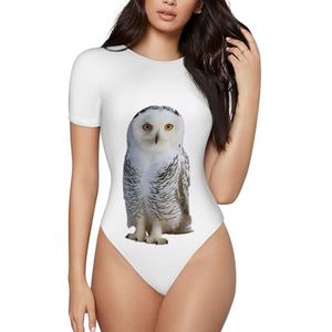 ELSMZXZD Rompertje met korte mouwen voor dames - Uil bedrukt bodysuit, ronde hals, rekbaar T-shirt, top, casual slim fit turnpakje, 3 D, S