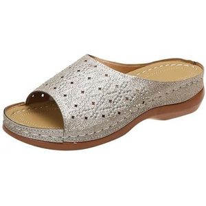 Zomer Nieuwe Slippers Met Strass Dames Peep Toe Slippers Platform Orthopedische Sandalen Retro Sleehak Slippers PU Lederen Slippers Vrijetijdsstrandschoenen(Color:Gold,Size:43 EU)