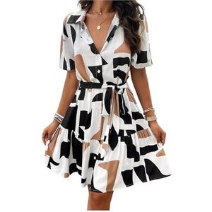 Damesjurk met knoopsluiting en casual zomerjurk, A-lijn, elegante jurken, vloeiende jurk, Zwart, XL