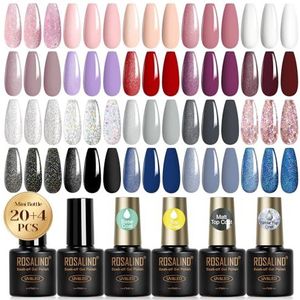ROSALIND UV Nagellak Set, 20+4 Stuks Gel Nagellak Met Base & Top Coat, Matte & Glitter Top Coat, Mini Kleur Gel Voor Nagels Paars Rood Grijs Zwart Blauw UV Nagel Design