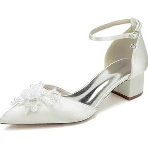 EICOFF Bruids Mid Hak Gesloten Teen Pumps Dames Satijn Kant Bloem Enkelband Trouwschoenen Bruiloft Prom Partij Dans Jurk Sandalen,ivoor,35 EU