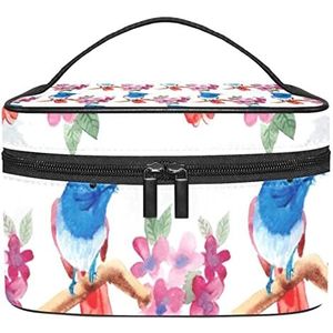 Make-up Organizer Bag, Reizen Make-up Tas Organizer Case Draagbare Cosmetische Tas voor Vrouwen en Meisjes Toiletartikelen Blauwe Vogels Bloem Tak Rode Aquarel, Meerkleurig, 22.5x15x13.8cm/8.9x5.9x5.4in