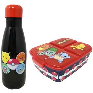 Theonoi Broodtrommel set kinderen lunchbox sandwichbox met onderverdeling/vakken en drinkfles waterfles (Pokemon staal)