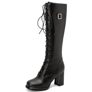 Dames Veters met dikke hak Kniehoge laarzen met rits aan de zijkant Laarzen met ronde neus en voering van imitatiebont,zwart,34 EU