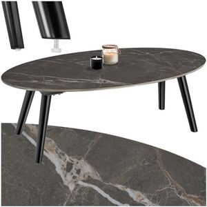 tectake® - Salontafel - Ovale Tafel - Marmerlook - Zwart - Houten Poten
