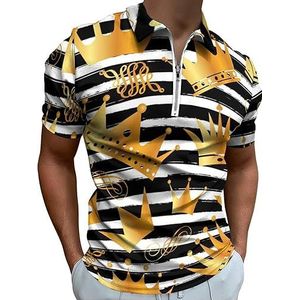 Gouden kroon met zwarte strepen heren poloshirt golf T-shirt met rits korte mouw casual T-shirt spiertops S