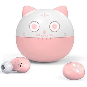 AMAFACE In-ear hoofdtelefoon Bluetooth roze, hoofdtelefoon draadloos met microfoon, lichtgewicht, touch-bediening, 3D-surround-stereo, 36 uur speeltijd, draagbare mini-oplaadkoffer, kat