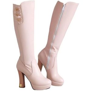 Elegante Kniehoge Laarzen Met Bloemen Plateau Lange Laarzen Met Blokhak Warme Winterschoenen Met Rits Aan De Zijkant Modieuze PU Leren Hoge Hakken for Feesten, Bruiloften(Pink,43 EU)
