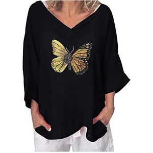 Linnen shirt dames 4/8 mouw blouse met vlinder print katoen linnen tuniek T-shirt bovenzijde blouse zomer vallen T-shirt elegant bovendeel V-hals hemd linnen blouse