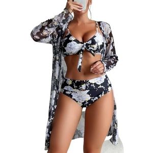 oenyaeu Dames 3-delig badpak met coverup set bedrukte kimono bikini top bottom badmode roeping outfit, Zwart, XL