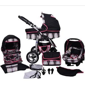 Kinderwagen 3in1 2in1 Set Isofix Buggy Autostoeltje D-Deluxe by SaintBaby black & grey check & rose seam 3in1 met autostoeltje