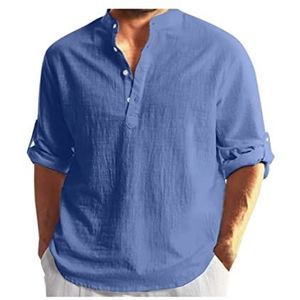 Linnen Overhemd Opstaande Kraag Stijlvol Linnen Herenoverhemd Basisoverhemd T-shirt Lange Mouw Licht Ademend Zomeroverhemd Casual Buttondownoverhemd Met Knopen heren t-shirt (Color : Blue A, Size :