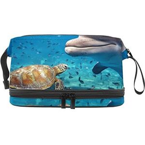 Grote capaciteit reizen cosmetische tas,Make-up tas,Waterdichte make-up tas Organizer, zeeschildpad dolfijn, Meerkleurig, 27x15x14 cm/10.6x5.9x5.5 in