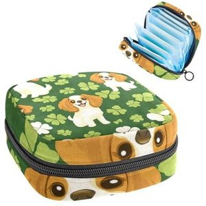 1 x maandverband, grote maandverband, organizer, herbruikbare eerste menstruatietas voor meisjes, dames, dames, 17 x 17 x 12 cm, St. Patrick's Day schattige honden met klavertjes