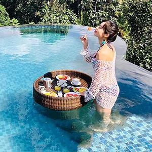 pallet， For zwembaden: rotan geweven drijvende eet- en drinkbak for zwembaden, zandbanken, spa's, baden en feesten(Brown,60X45X15CM)