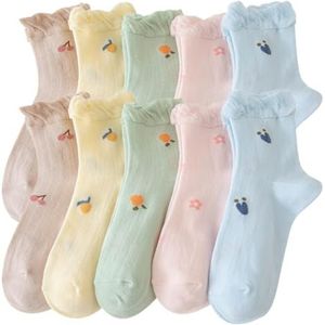 yeeplant Katoenen sokken voor dames - zachte, ademende crew-sokken met ruches: casual, veelkleurig, antislip, verpakking van 10 paar, Willekeurige kleur, Eén Maat