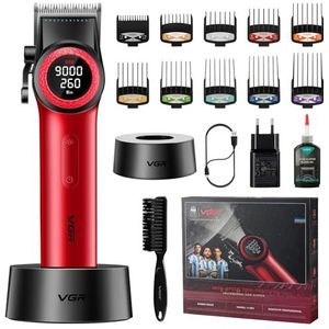 VGR 001 Professionele Tondeuse voor Mannen, Draadloze Haarknipper voor Kappers, Keramisch Mes, 9000 RPM, LED Display, Metalen Behuizing, Rood