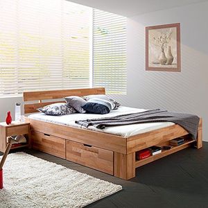 Elfo Lit futon en cœur de hêtre massif huilé 180 x 200 cm avec 4 tiroirs de lit sur roulettes et étagère à pieds Sofie