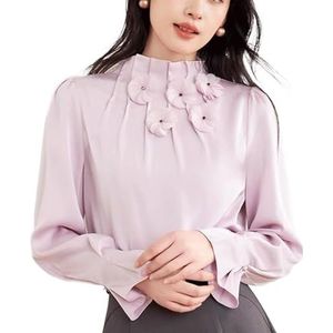 ROUZIHU Bloemen satijnen chiffon shirt Veelzijdige leeftijdsverminderende losse top met lange mouwen en opstaande kraag(Purple,XXL)