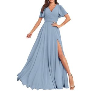 Chiffon bruidsmeisjesjurken voor dames, met split, lange baljurken, cocktailjurken, grote maten, Dusty Blauw, 32