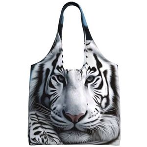 RLDOBOFE Witte tijgerprint canvas draagtas voor vrouwen esthetische boodschappentassen schoudertas herbruikbare boodschappentassen, Zwart, One Size