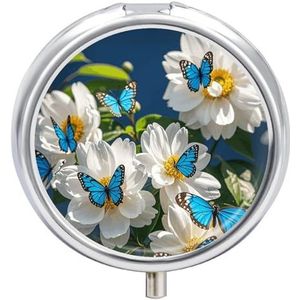 Witte bloemen blauwe vlinders pillendoos waterdichte draagbare geneeskunde pillendoosje vochtbestendig metalen pillendoosje met 3 compartimenten medicijnkoffer