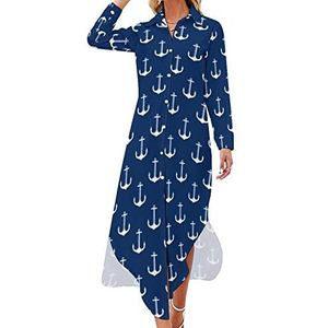 Marineblauw anker dames maxi-jurk lange mouwen knopen overhemd jurk casual feest lange jurken 5XL