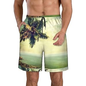 Palm Tree Rocky Shore Print strandshorts voor heren, lichtgewicht, sneldrogend trekkoord zwembroek met zakken, Wit, L