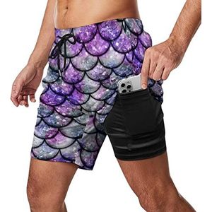 Puple Mermaid Scals Zwembroek voor heren, sneldrogend, 2-in-1 strandsportshorts met compressieliner en zak