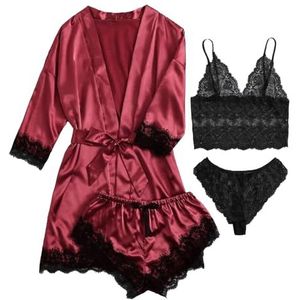 Satijnen pyjamaset voor dames, nachthemd met kanten rand voor dames | 4-delige lingerie met bijpassend badjas | Zacht ademend nachthemd pyjamaset voor dames, meisjes voor thuis, hotel Shizuku