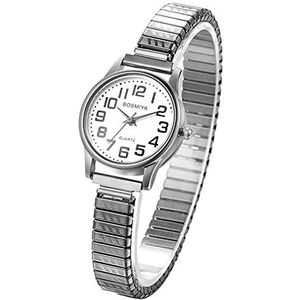 JewelryWe Dames Easy Reader Analog Horloge Goud/Verzilverd Elastische Band Polshorloge, voor Kerstmis, Stijl A-zilver,