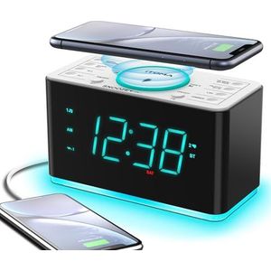 Wekkerradio, 15W ultrasnelle draadloze telefoonoplader met Bluetooth, twee oplaadpoorten, dubbele wekker, slaaptimer, snooze, dimmer, FM-radio, cyaan LED-nachtlampje en 1,4""-scherm iTOMA CKS207