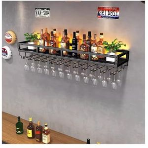 Bar Unit zwevende planken, wandgemonteerde wijnrekken met LED-licht omgekeerd wijnglasrek multifunctionele ijzeren flessenhouder eenvoudig hangend bekerrek voor thuis bar eetkamer decor (kleur: zwart