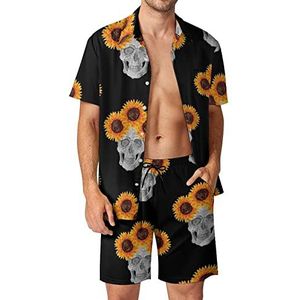 Schedel Zonnebloemen Hawaiiaanse sets voor mannen Button Down Korte Mouw Trainingspak Strand Outfits 3XL