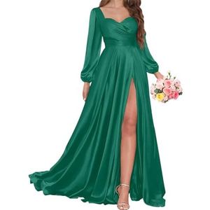 AHERKLL Bruidsmeisjesjurken met lange mouwen voor bruiloft, satijnen formele avondfeest, maxi-jurk met split HAH056, Turkoois, 50 grote maten