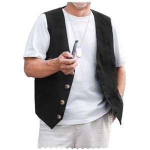 AeoTeokey Linnen vest voor heren, zomerpak, vest, vintage retrovest, normale pasvorm, Zwart, XS