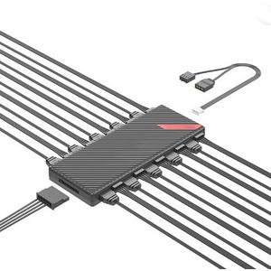 LICAEVEY 10-poorts ARGB PWM-ventilatorhub-controller voor Pc-magnetische Basis SATA-aangedreven 5V 3-pins RGB-hub Ondersteunt 10 Gevalventilatoren met Synchronisatielicht