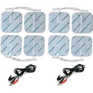 Healthcare World TENS Elektroden (8 st) 5x5 cm Vierkant Zelfklevend met Verbindingskabels – Herbruikbare Pads voor TENS & EMS Apparaten – Rug-, Nek-, Schouder- & Spierpijn