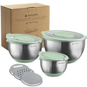 Navaris roestvrijstalen mengkom - Set van 3 kommen met deksel - Met 3 x rasp deksel - Groente snijder - Antislip keuken schalen - Mintgroen