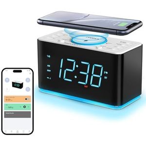 Wekkerradio met 15W draadloze oplader, APP-bediening, FM-radio, Bluetooth, twee oplaadpoorten, snooze, automatische/handmatige dimmer, nachtlampje, wekkerradio voor de slaapkamer iTOMA 207A