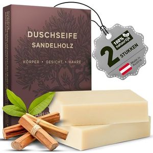 larum sports douchezeep voor mannen Sandelhout, vaste douchegel voor haar, lichaam en gezicht, vaste shampoo, natuurlijke zeepstuk, soap shower bar zonder kunstmatige toevoegingen, 2x zeepstukken 85g