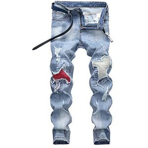 YOUCAI Heren licht gekleurde stretch gaten skinny jeans bikerbroek gescheurd denim jeans broek vernietigt skinny streetwear met rechte pijpen (geen riem), lichtblauw, 32W