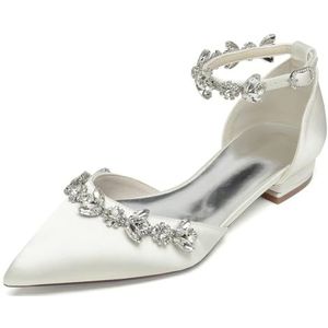 EICOFF Bruidsschoenen voor Dames Lage Hak Flats Pumps Gesloten Teen Trouwschoenen Enkelband Sandalen Strass Satijnen Trouwjurk Schoen,ivoor,36 EU