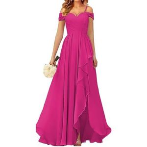 WSEYU Off-shoulder bruidsmeisjesjurken voor bruiloft, chiffon galajurken, lange formele avondjurk met split, roze (hot pink), 32