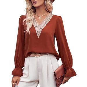 2024 Vrouwen Sexy Kanten Rand V-hals Shirts Chic Gesmokte Bladerdeeg Lange Mouw Tops Solid Casual Losse Tuniek Blouses (Color : Brick red, Size : XL)