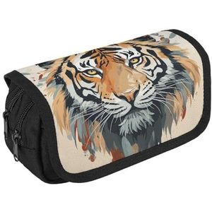 VFKLT Jaar van de tijger tijger gezicht etui dubbellaags pennenetui grote capaciteit pennenzak dubbele rits draagbare pennenetui make-up tas voor mannen vrouwen reizen zakelijk kantoor, Wit, Eén maat,