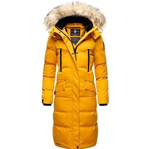 MARIKOO Sneeuwsterntje Winterjas voor dames, warme gewatteerde jas, lang met afneembaar kunstbont en capuchon, XS - XXL, geel, L