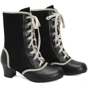 Gothic Enkellaarzen Dames Retro Middeleeuwse Veterlaarzen PU Lederen Enkellaarsjes Met Hak Herfst Winter Ronde Neus Enkelschoenen for Buiten, Feest(Black,38 EU)